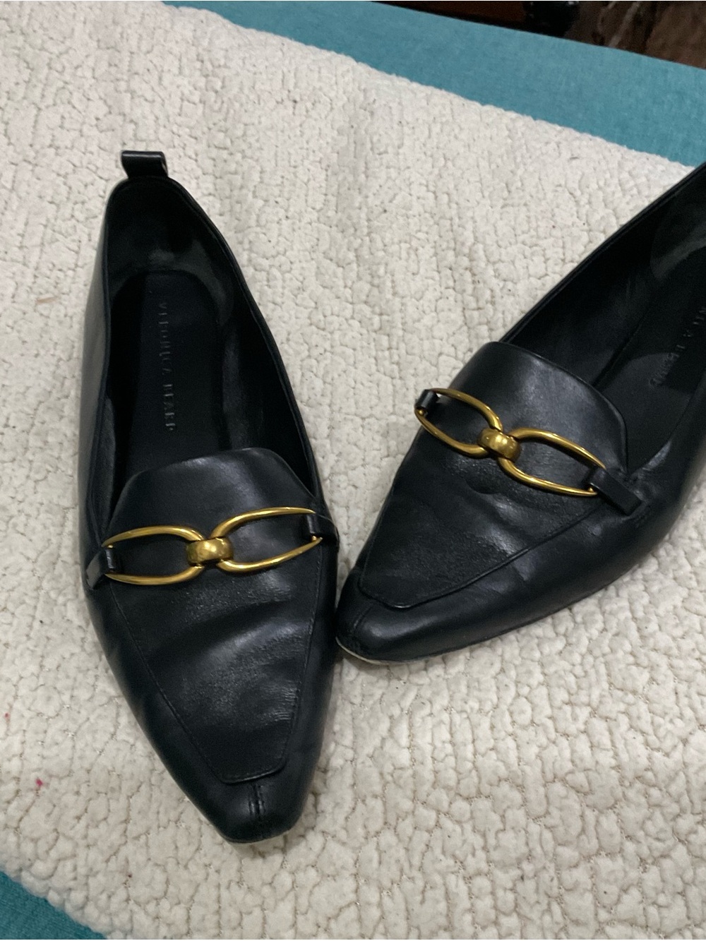 Veronica Beard Black Pointed Leather Loafers with Gold Bit